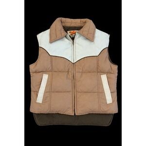 Vintage Comfy Goose Down Puffer Vest Western Yoke‎ Tan Brown USA Made Womens S